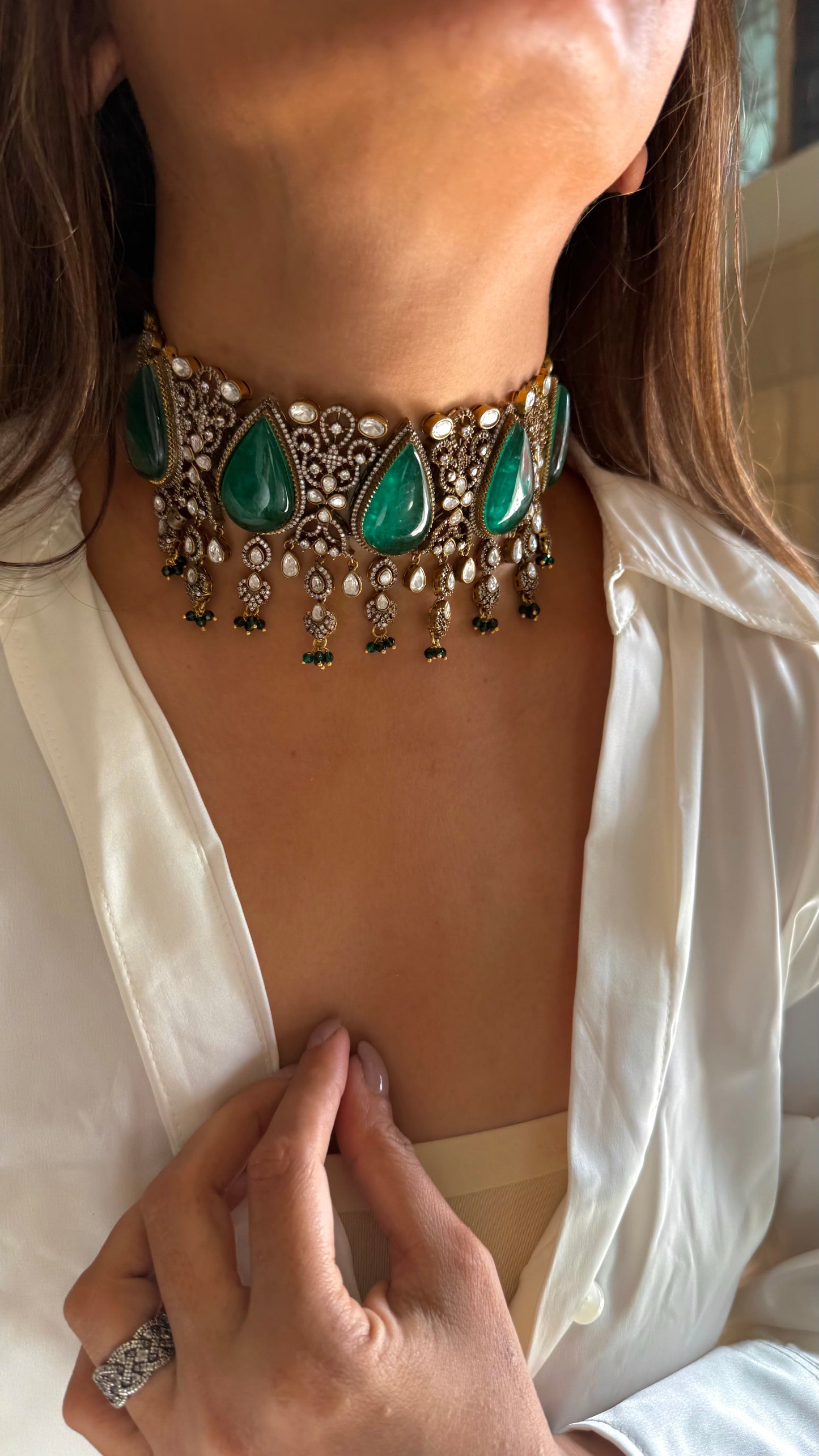 Yugma Emerald doublet victorian moissanite choker
