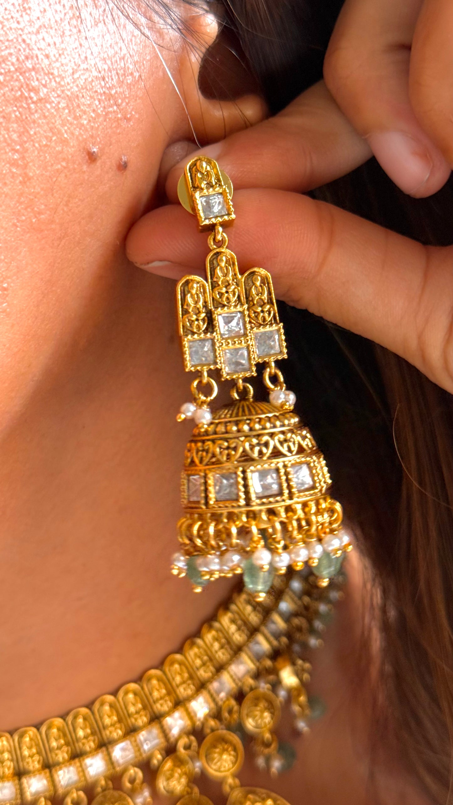 Oxidised heritage gold waterfall necklace with drop detailing