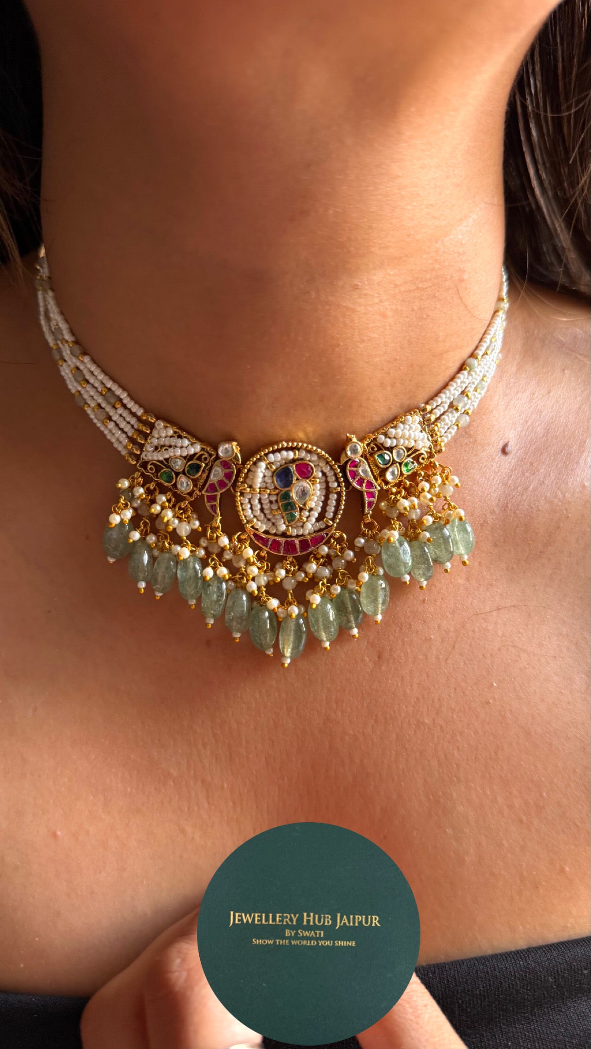 Paachi kundan choker with mint strawberry detailing