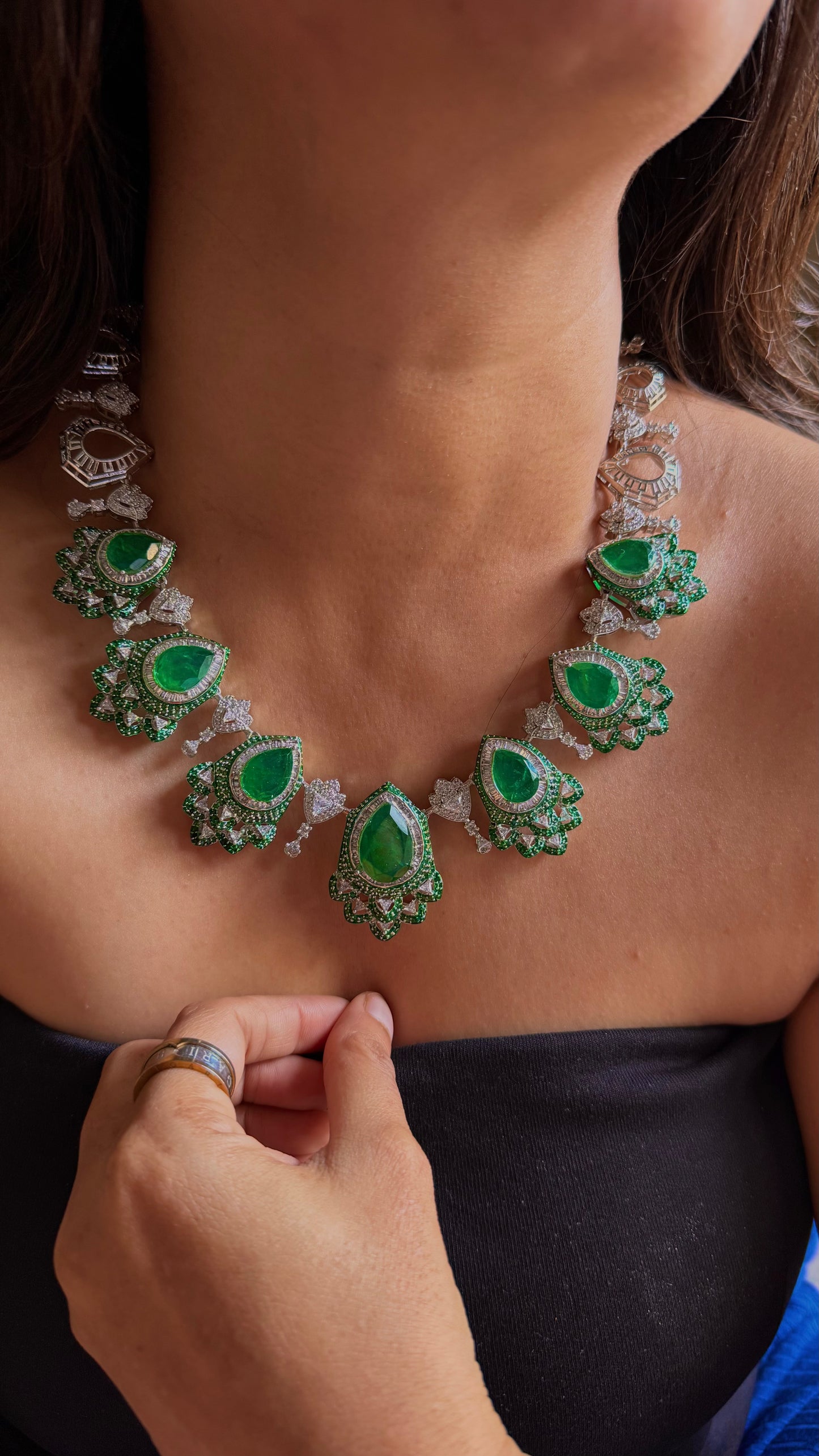 Emerald doublet cz diamond aura Necklace