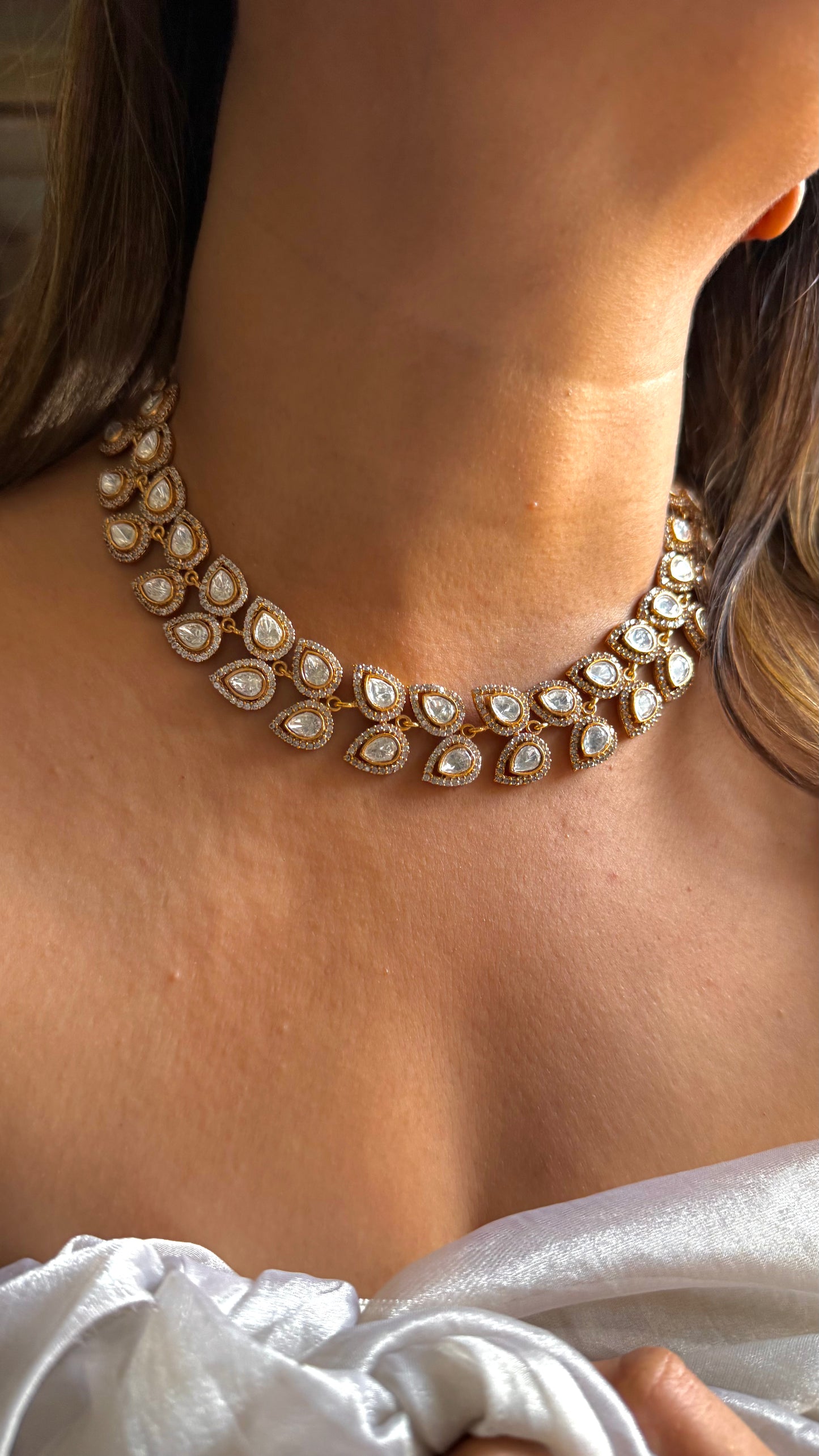 Leaf vine designer white polki necklace set