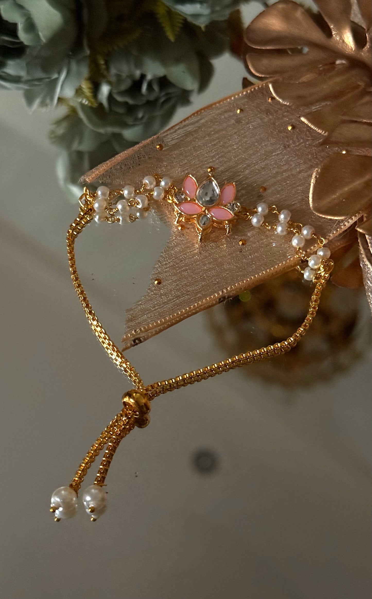 Rose quartz lotus inspired rakhi