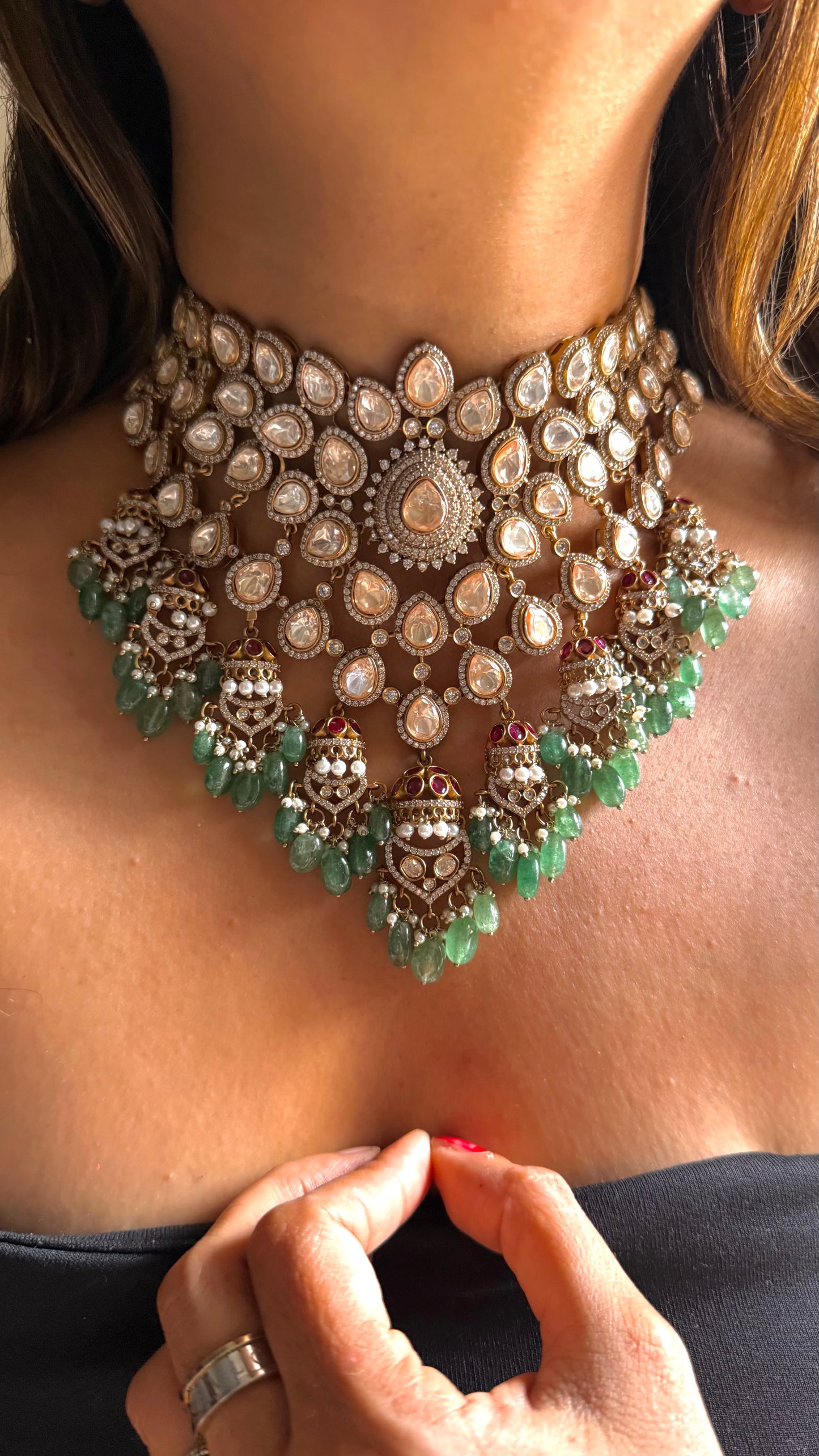 Bridal Asia LV Polki mint drop designer necklace