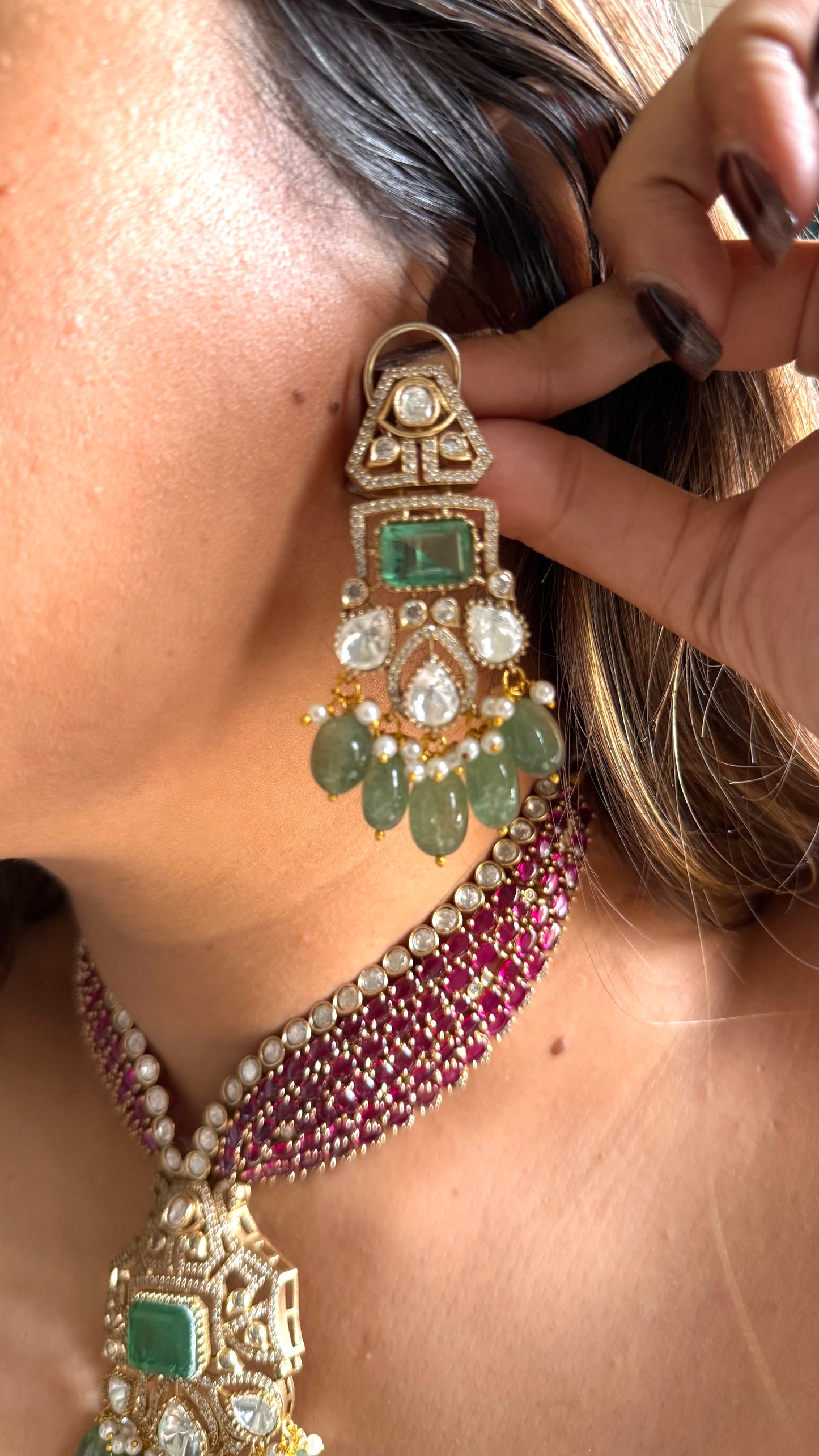 Mint doublet and rani pink moissanite collar necklace set