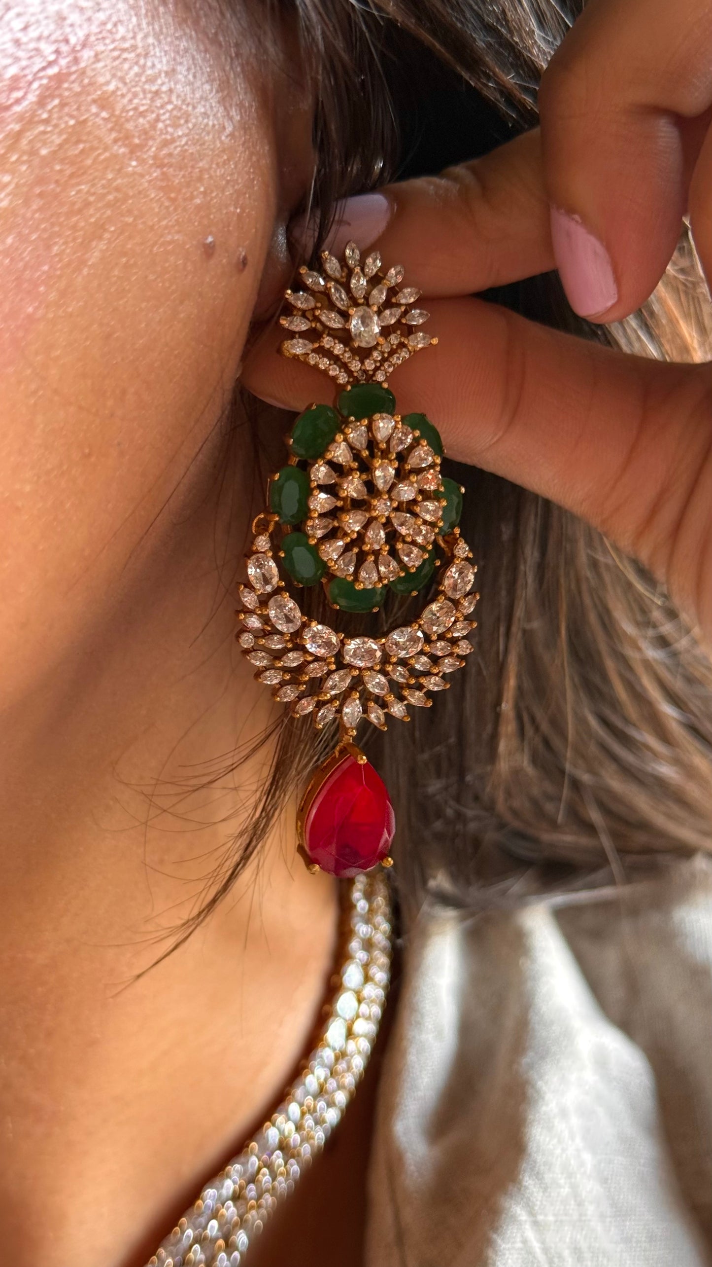 Emerald & ruby doublets with cz diamond designer necklace