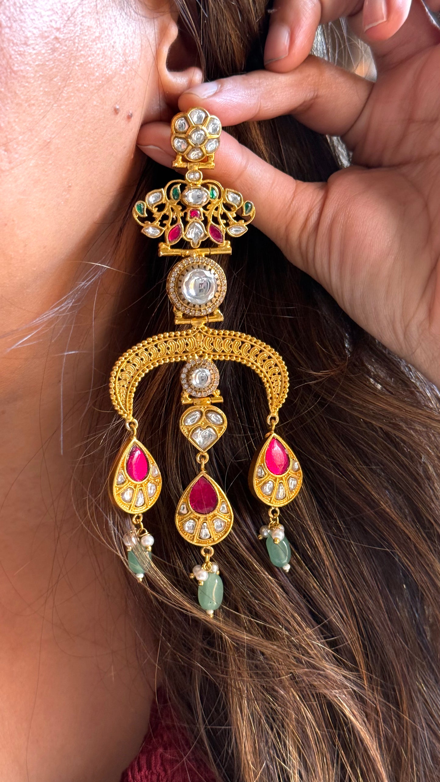 Floral paachi danglers with rani pink & mint detailing