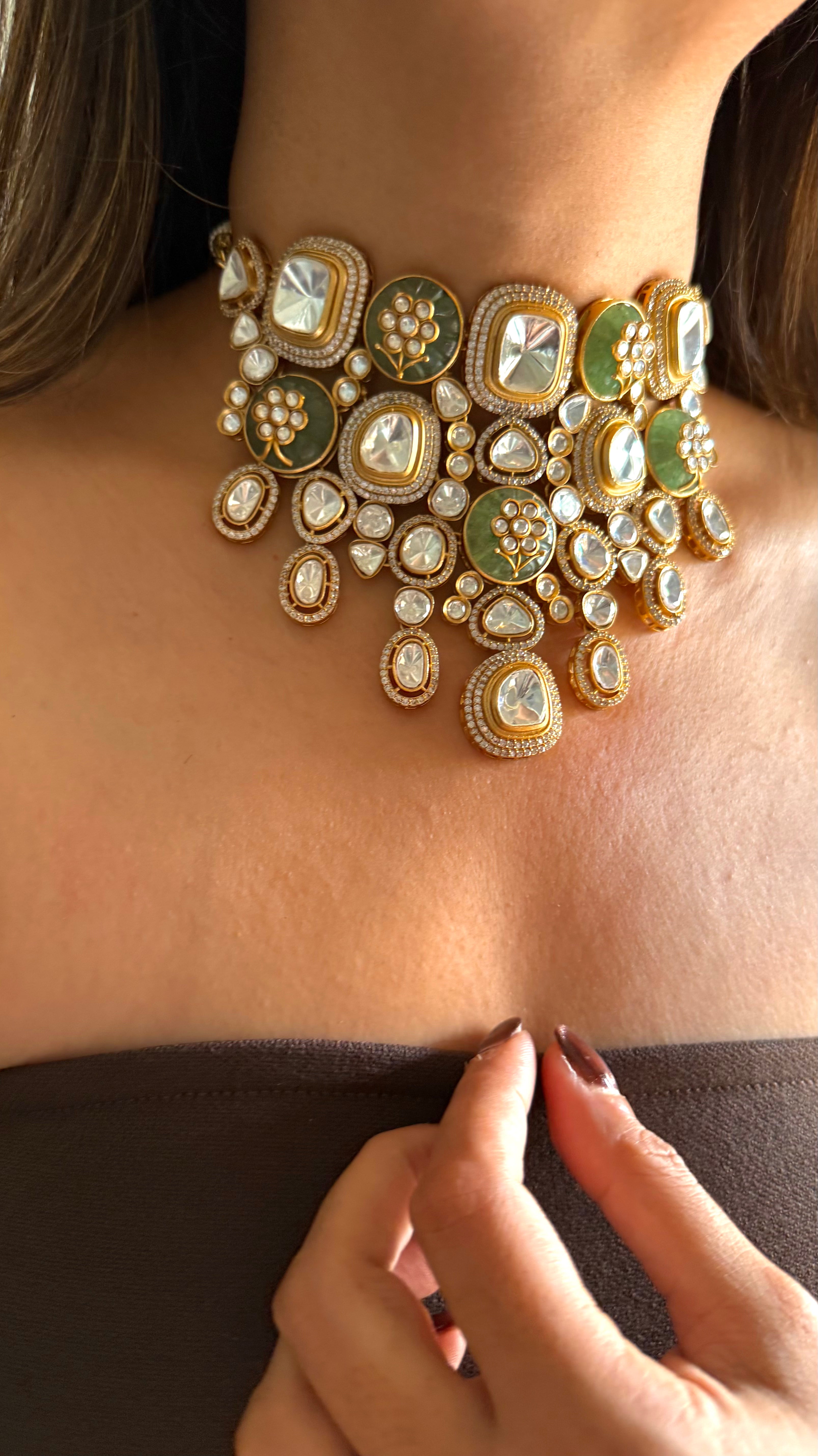 Mint doublet & Moissanite polki choker