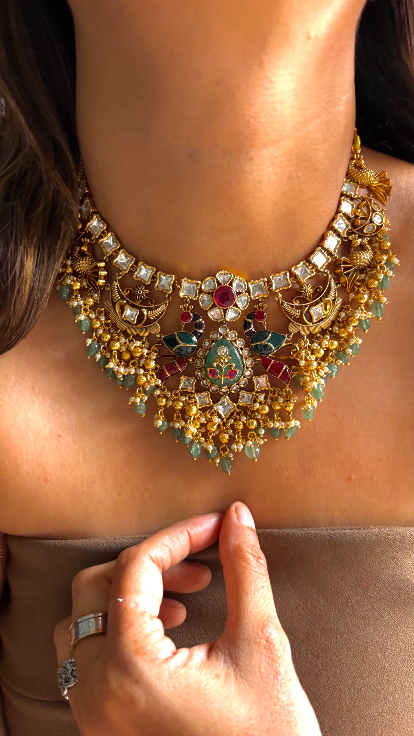Ruby & Emerald inlay peacock inspired necklace