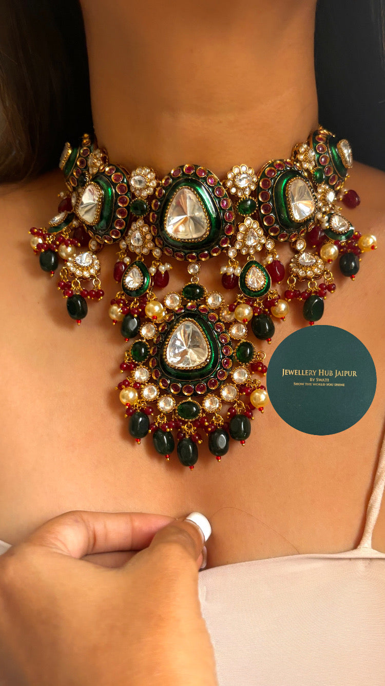 Emerald & ruby meenakari designer necklace