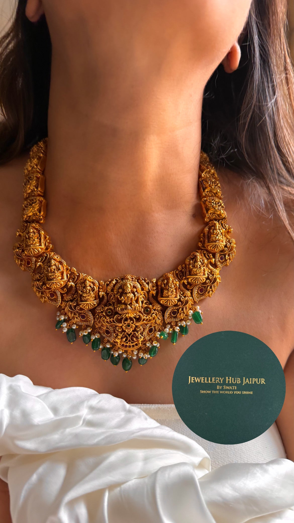 Goddess laxmi with emerald drop temple collar set
