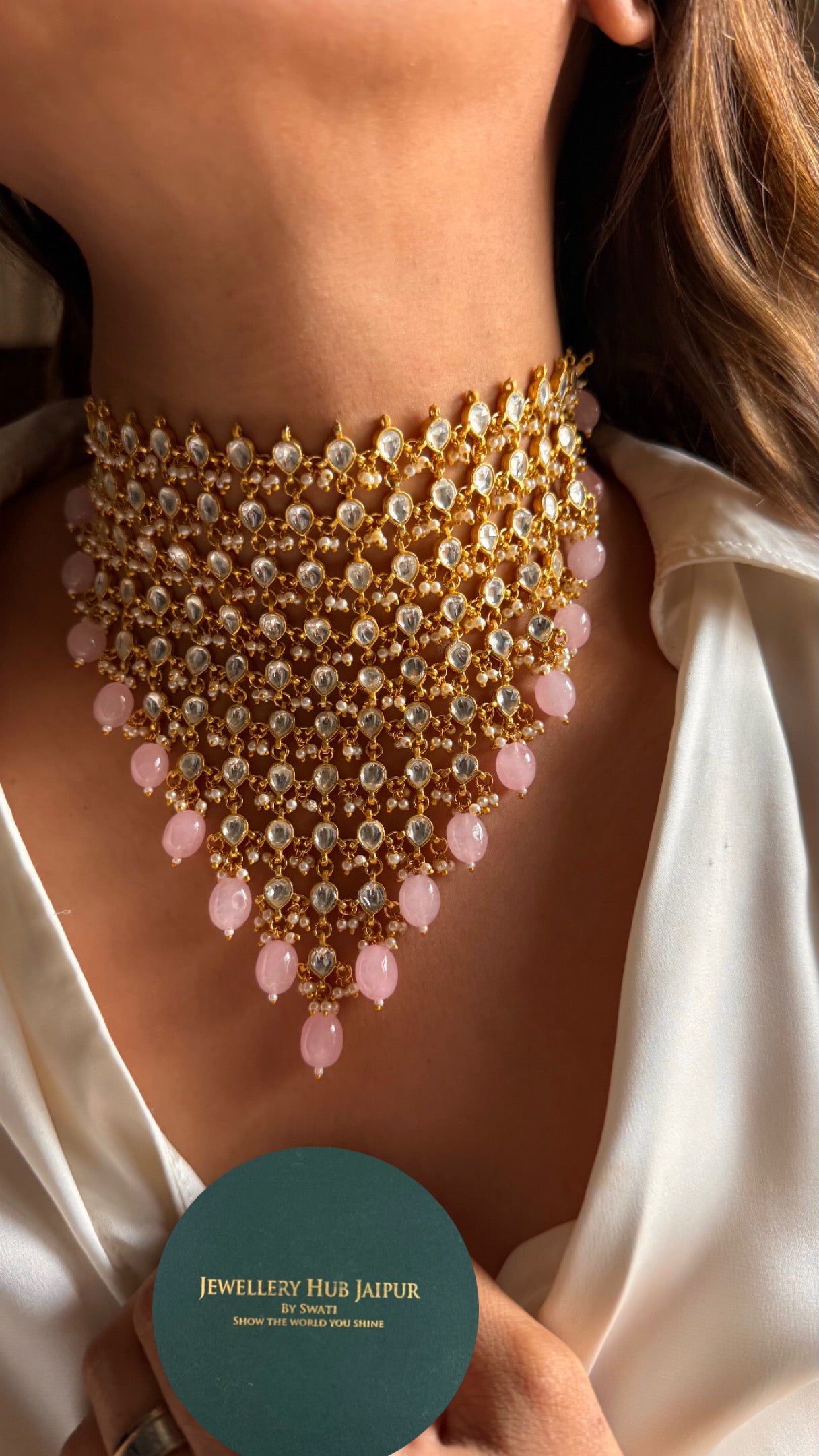 10 layered paachi Kundan rose quartz strawberry Necklace