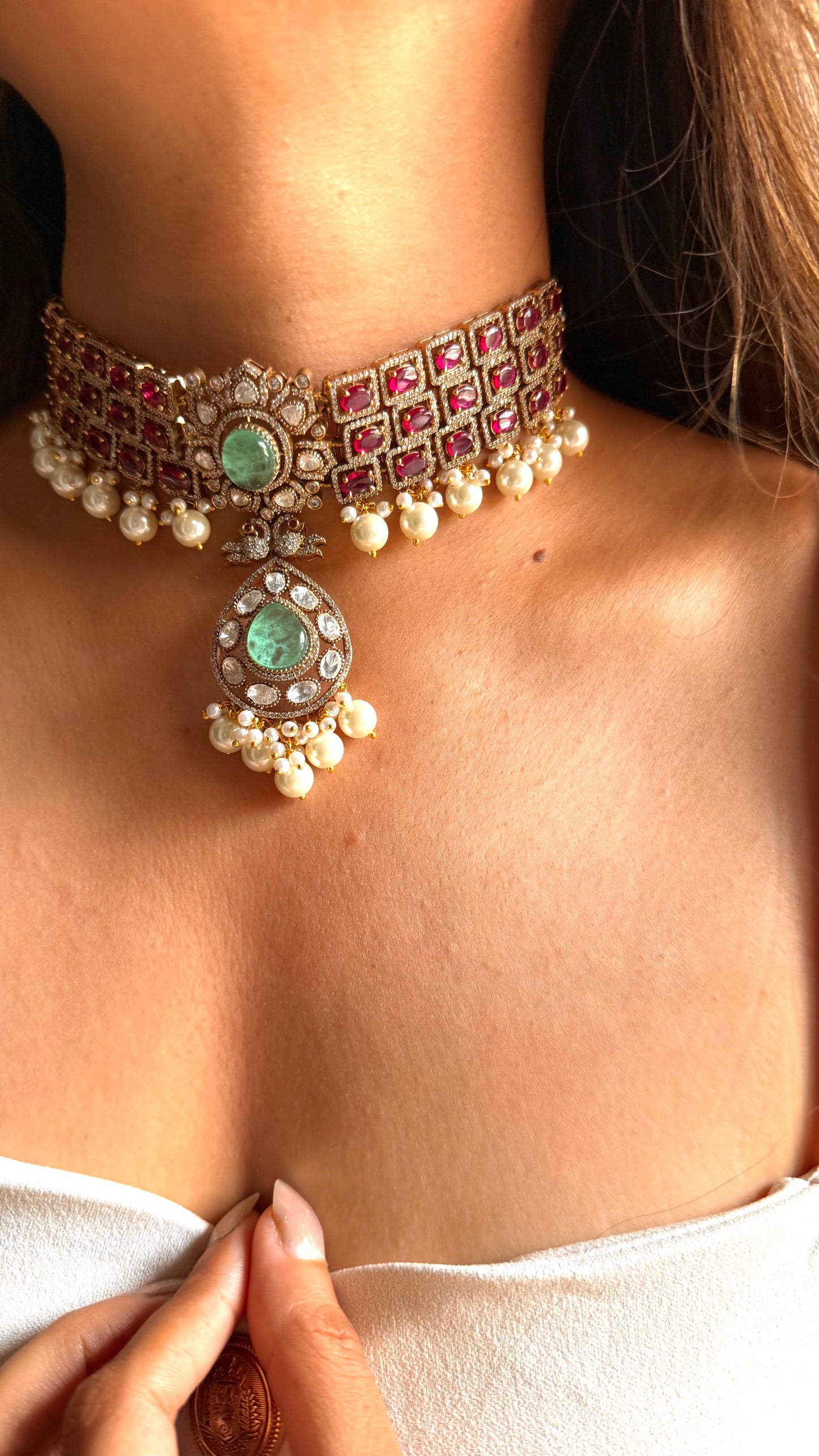 Kajol Mint doublet & rani pink moissanite with pearl drop choker