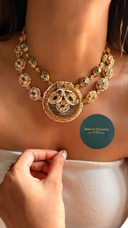 Heritage sapphire & mint inlay with uncut polki double layer collar set