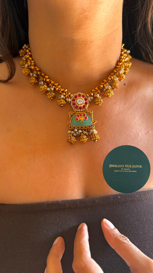 Mint rani work inlay rose drop necklace