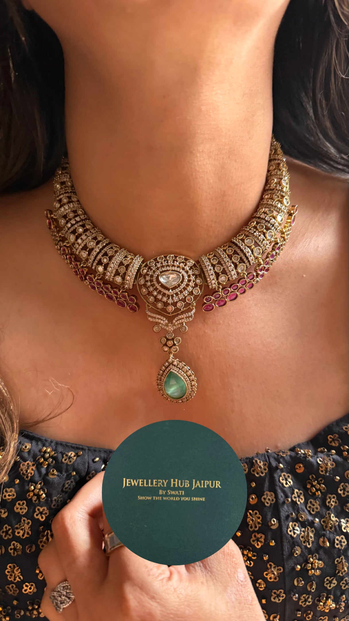 Rani pink ruby with mint designer collar necklace