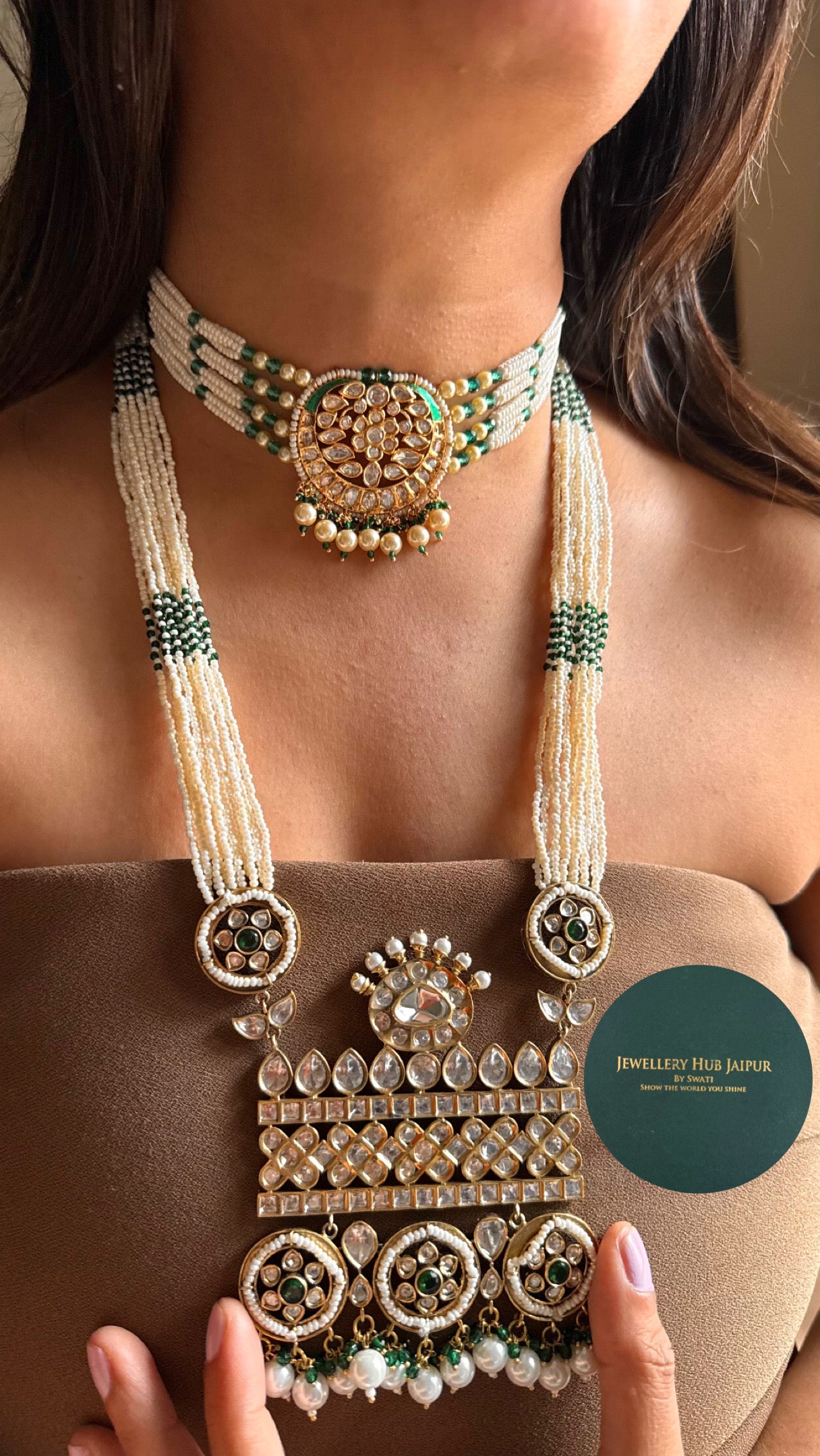 Emerald & pearl choker & long necklace heritage combo
