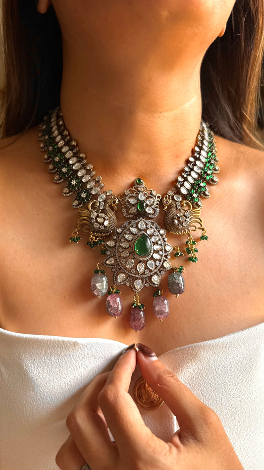 Munar-Emerald doublet Moissanite uncut victorian mid length set