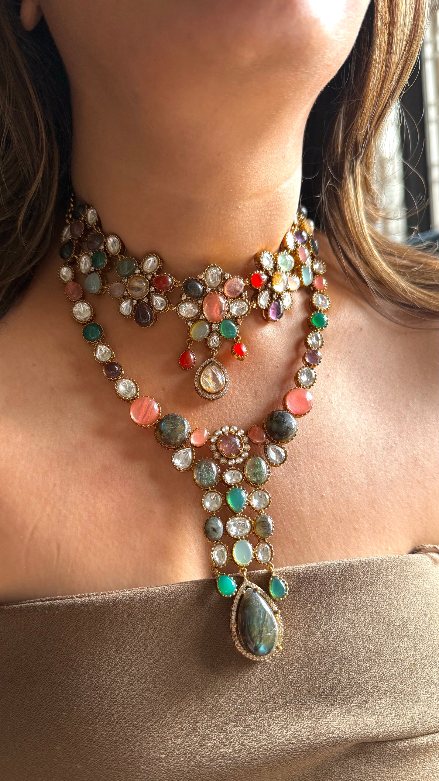 Dual layer sabya inspired gemstone necklace