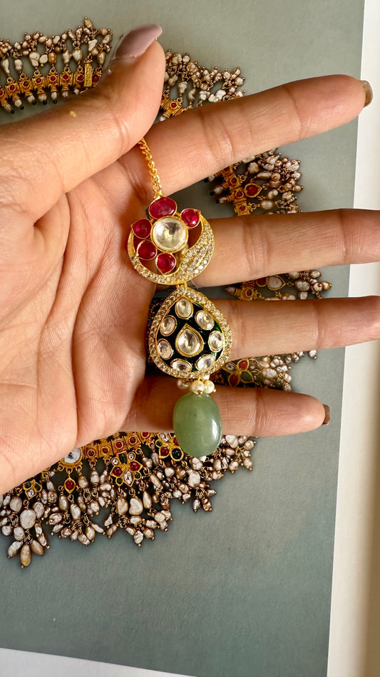 Emerald meenakari mint drop & ruby flower maang tika