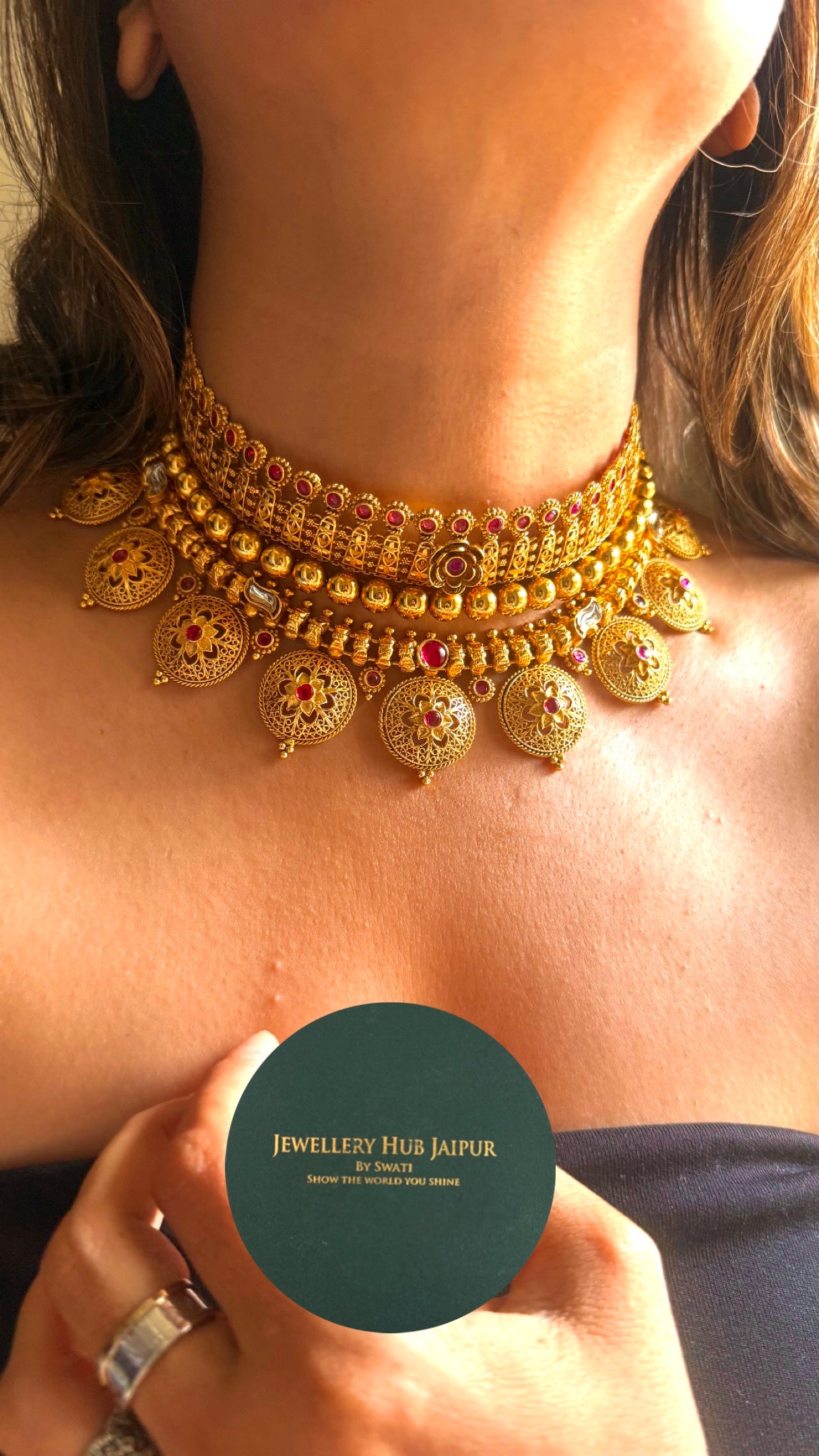 Ruby floral dull gold Rajwada Combo necklace