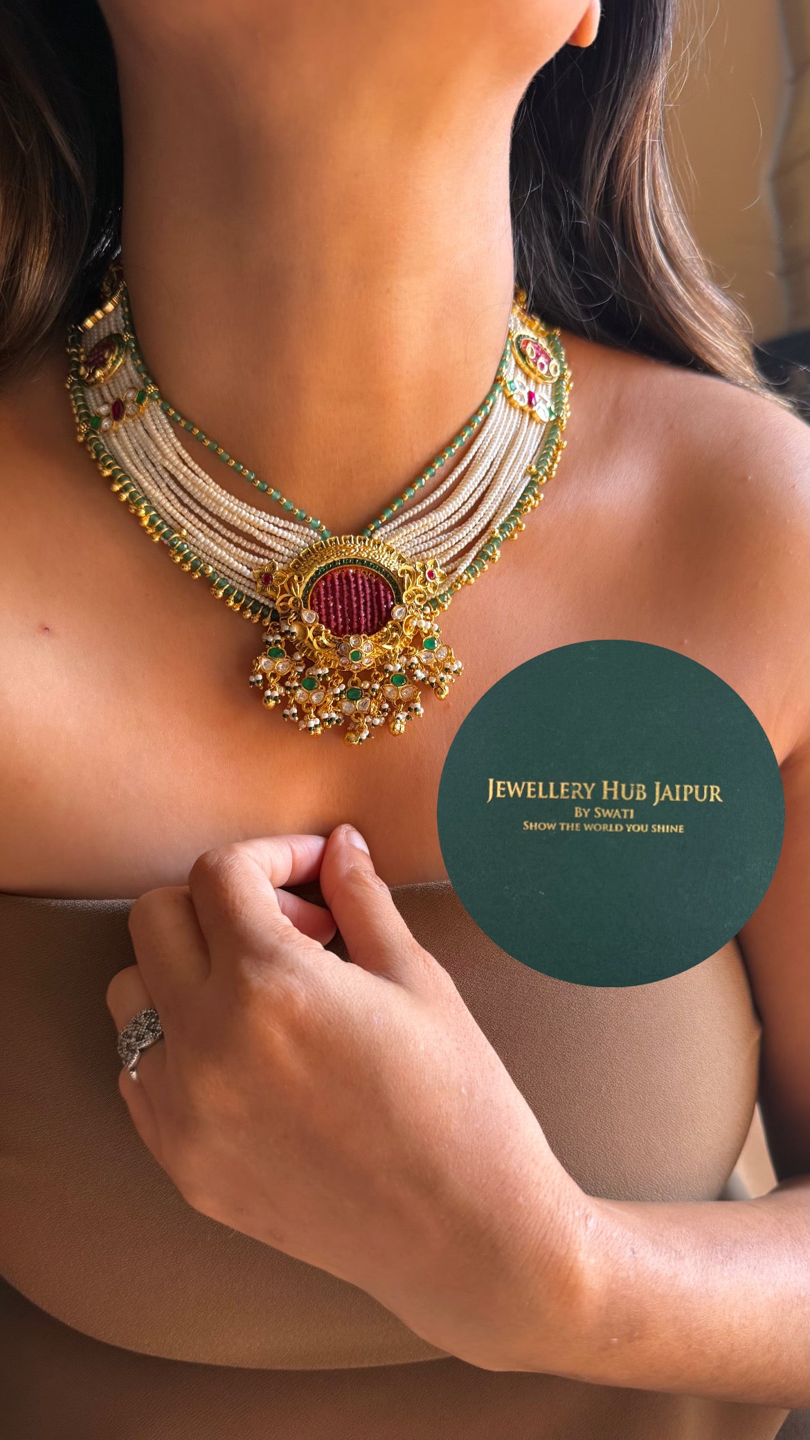 Real moissanite ruby & mint royal rajwada design heritage collar set