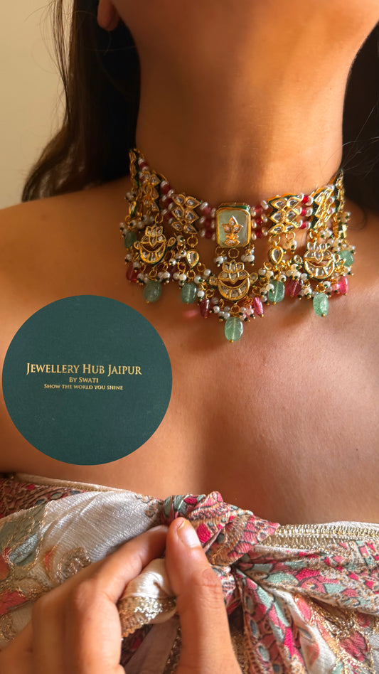 Mint inlay work with rani pjnk & emerald drops & emerald meenakari paachi choker set