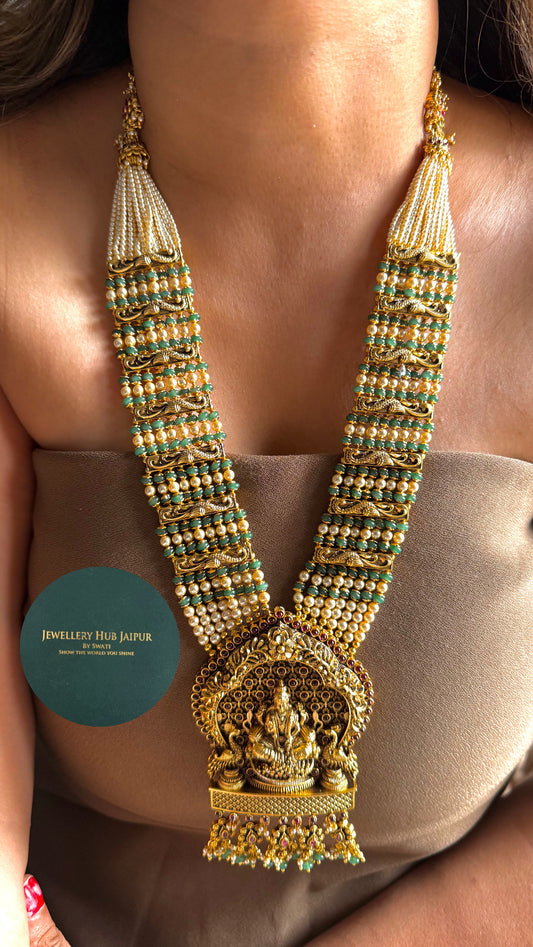 Goddess Laxmi Mint & Ruby ￼ long temple necklace