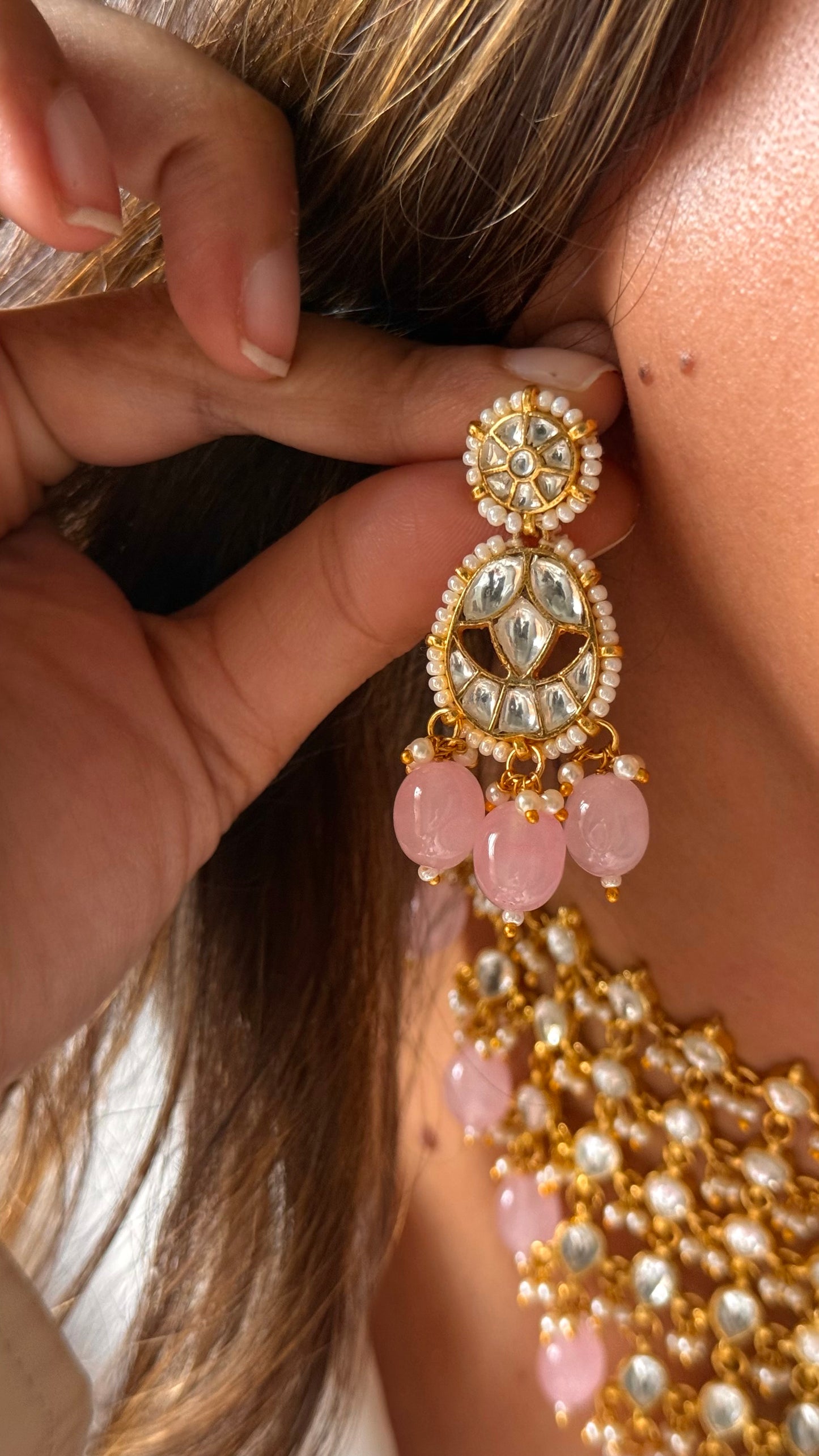 8 layered paachi Kundan rose quartz strawberry Necklace