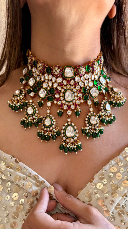 Ruhani Emerald & ruby uncut polki choker with emerald meenakari drop
