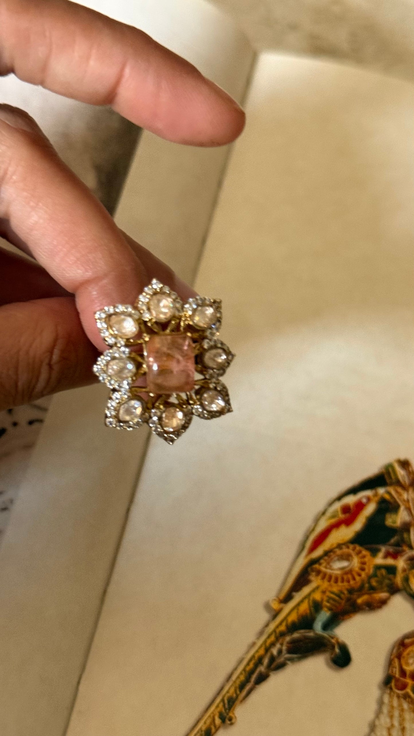 Peach doublet moissanite victorian adjustable ring