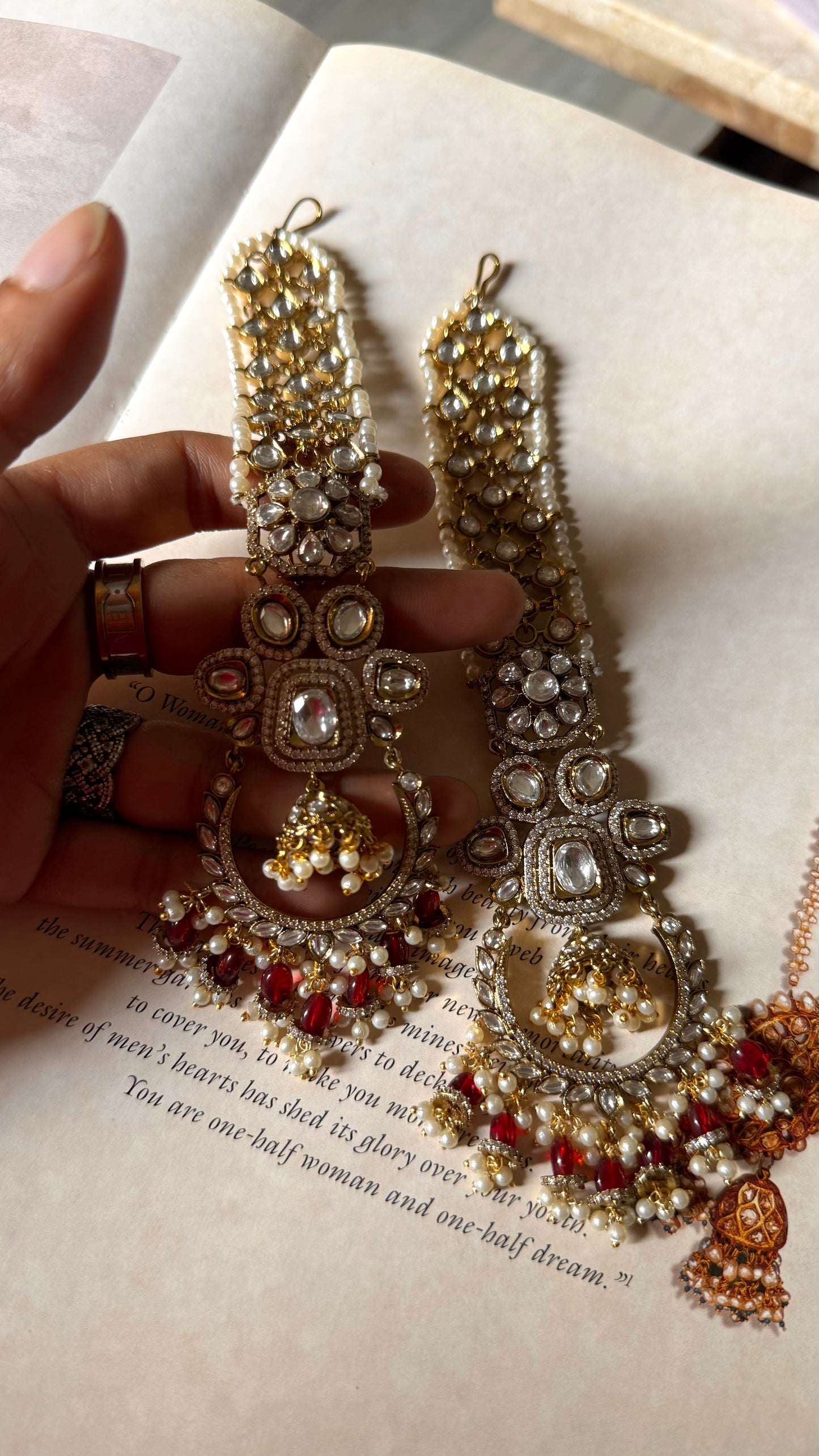 Ruby Mughal polki earring with  Kaanchain