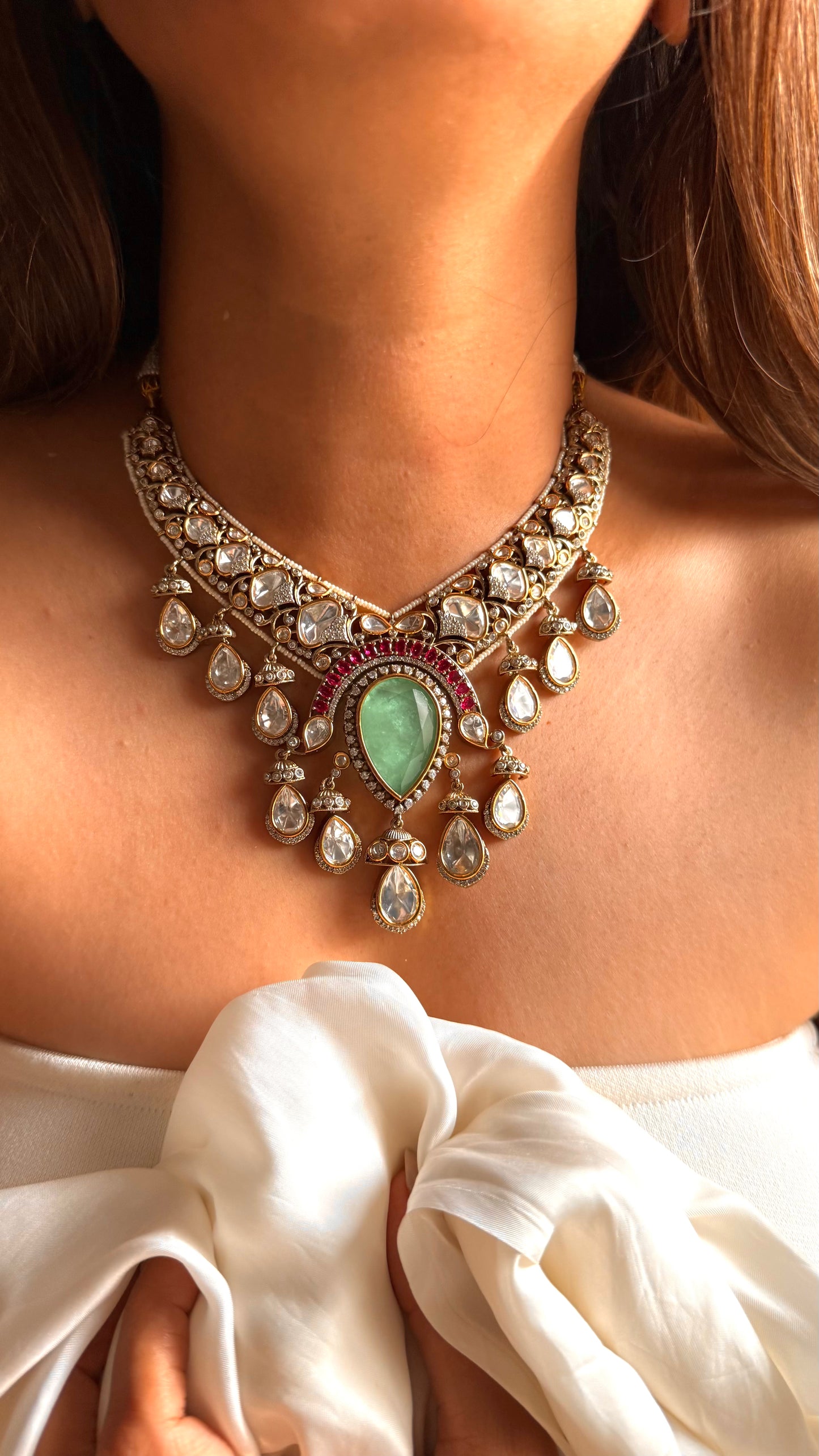 Vaishnavi Mint doublet & rani pink Moissanite set