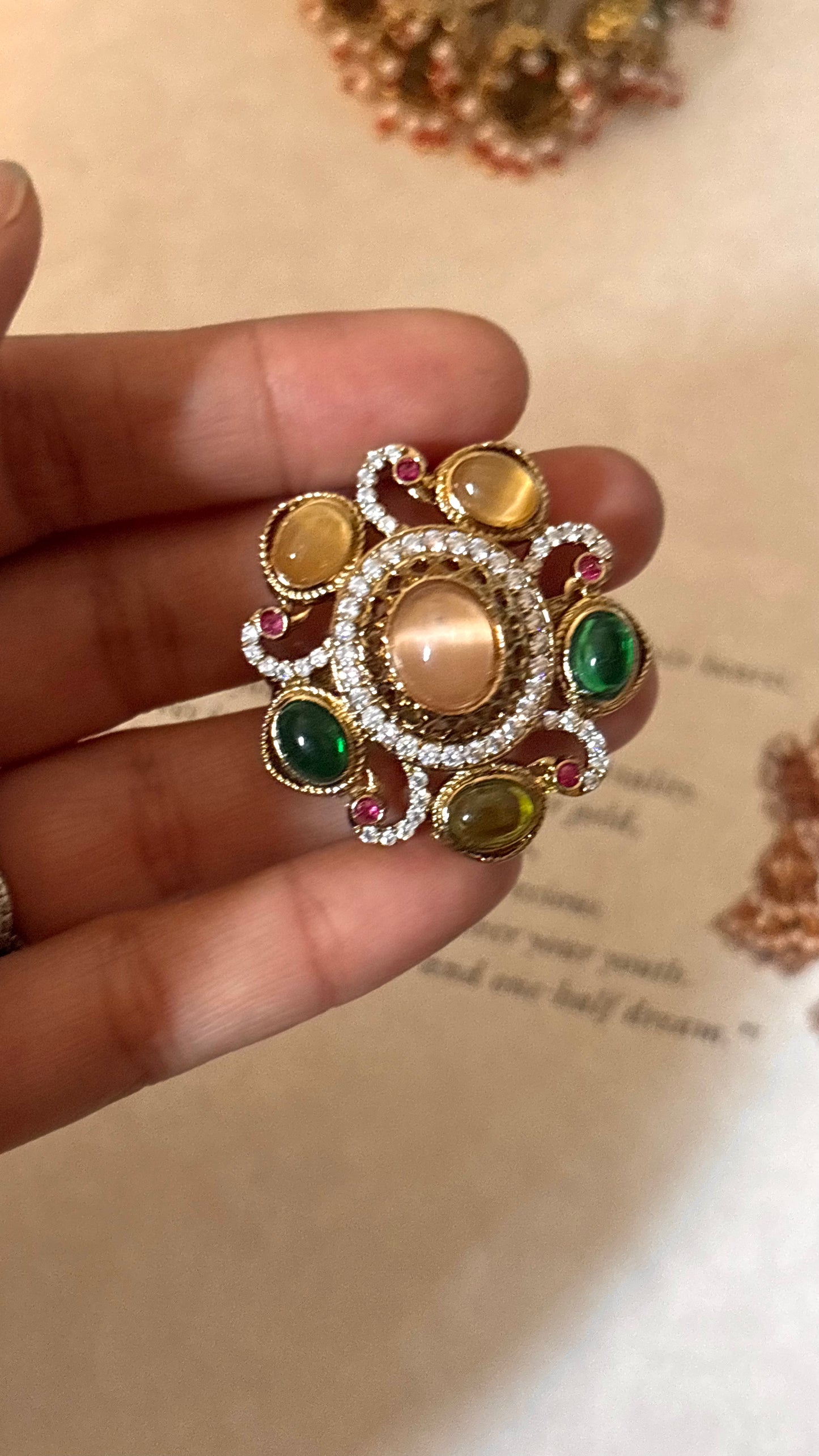 sabya inspired peach mix polki ring