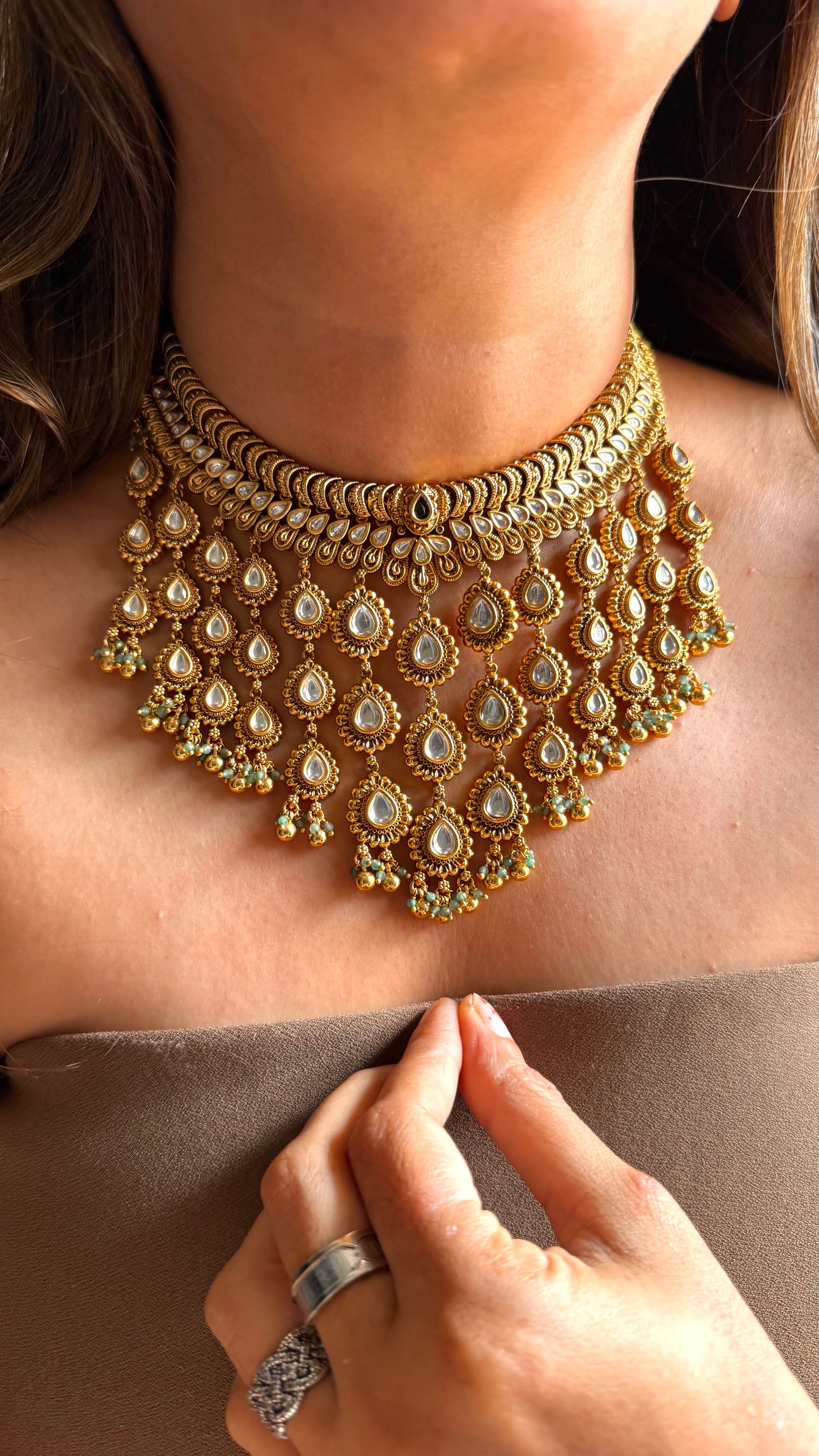 Peacock inspired polki waterfall necklace