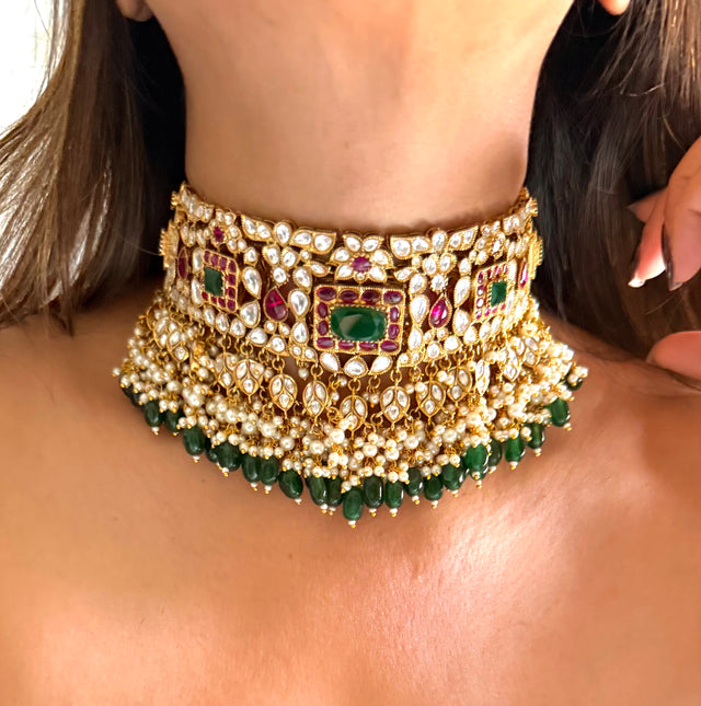 Emerald doublet & rani pink Moissanite floral choker