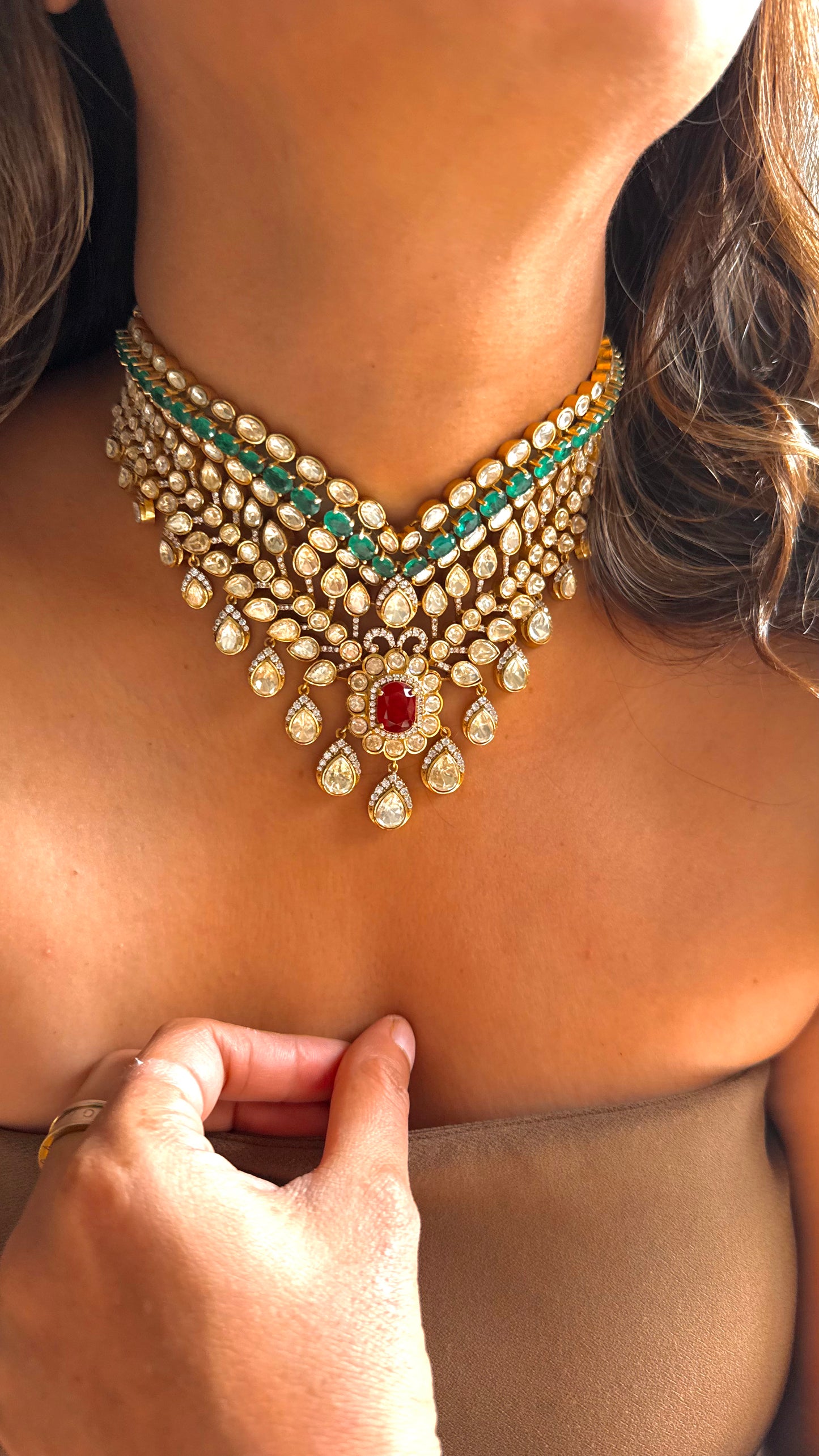 Peeli polki Ruby & Emerald designer Necklace
