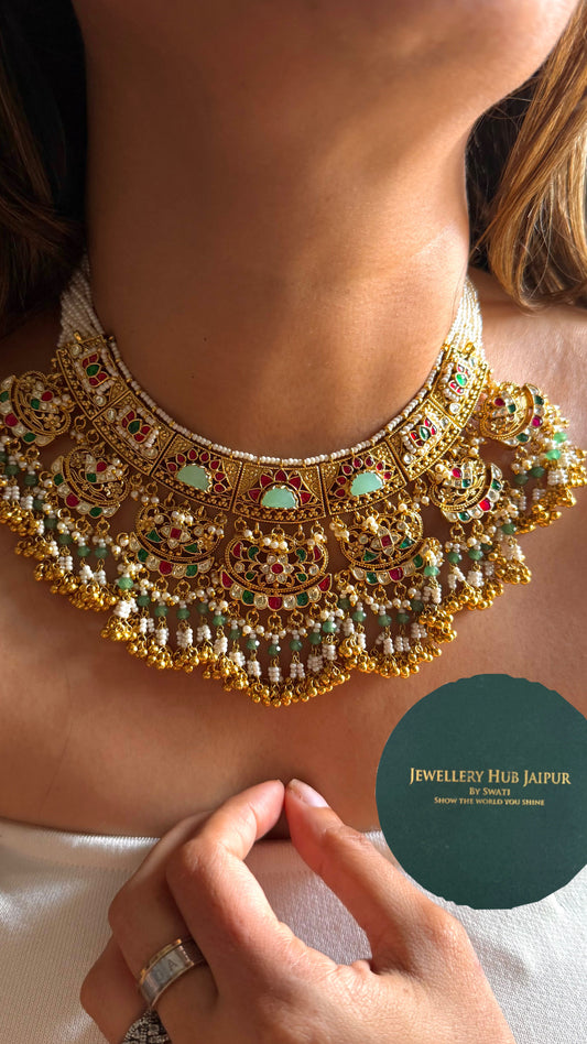 Heritage handmade firoza doublet with pachi kundan nakashi necklace