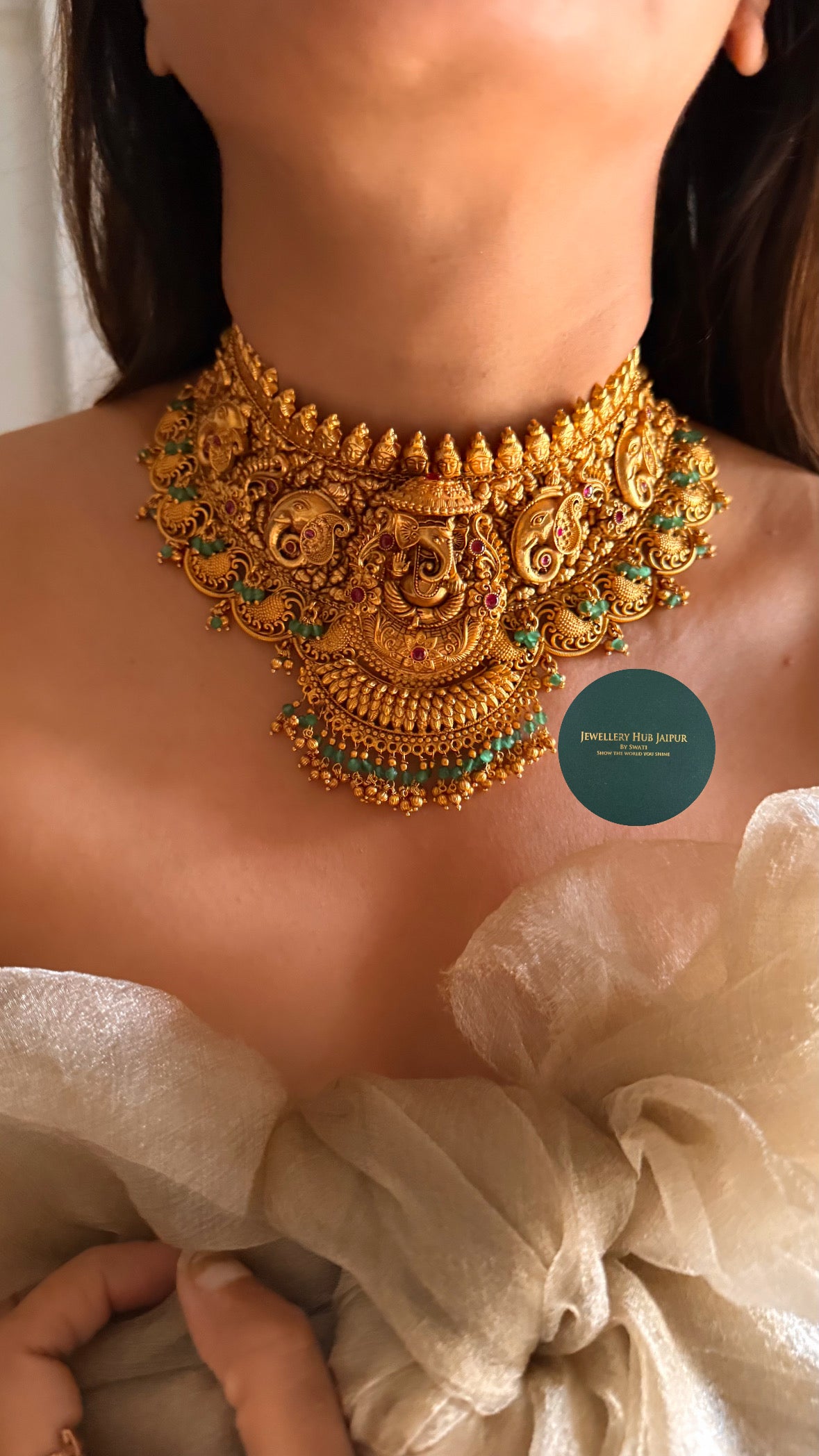 Lord ganesh and rani pink with mint drop choker set