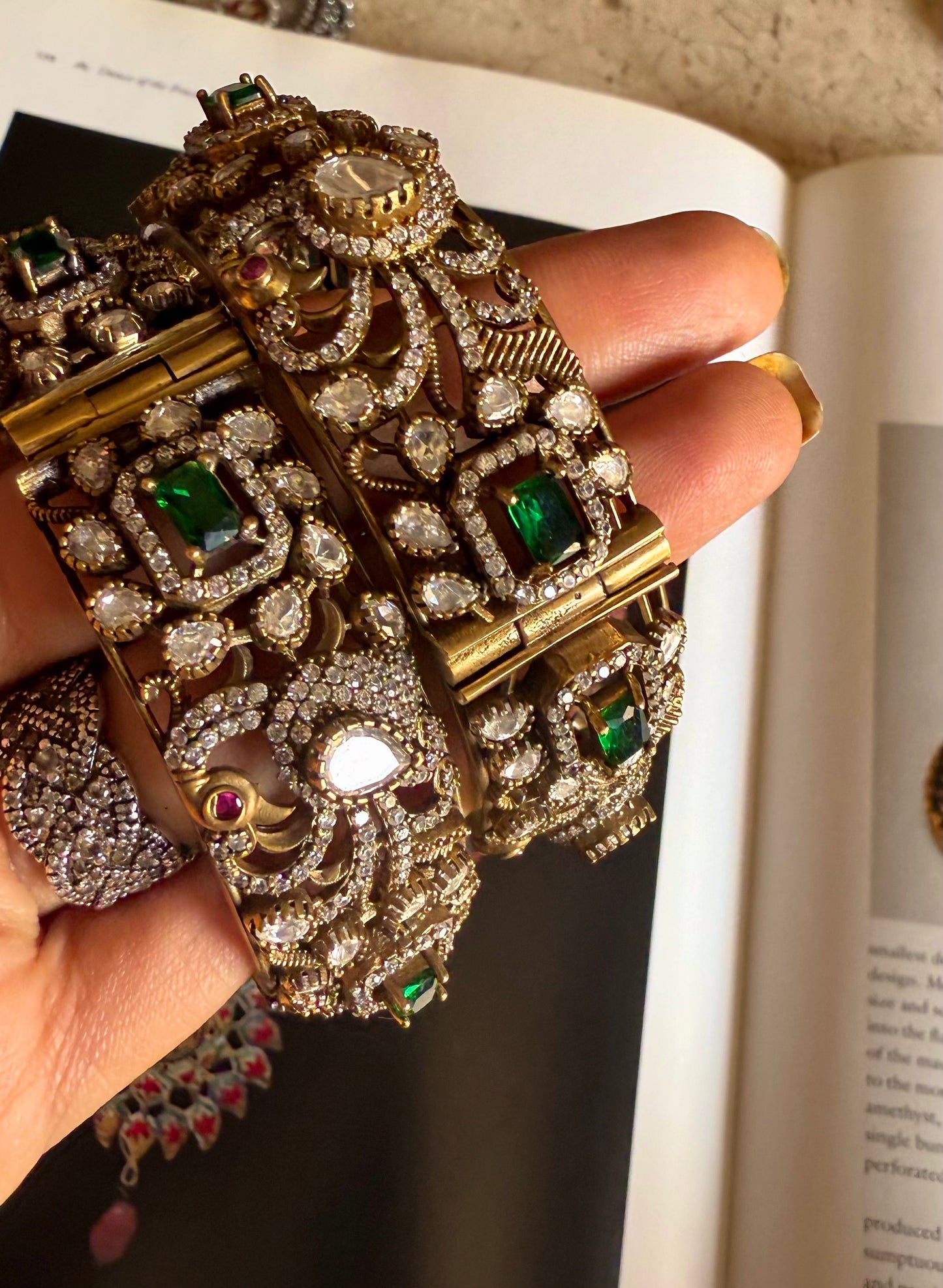 Emerald moissanite polki Victorian openable bangle
