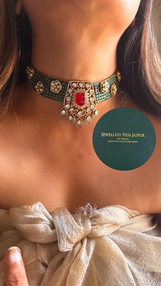 Ruby doublet & emerald moissanite uncut polki choker set