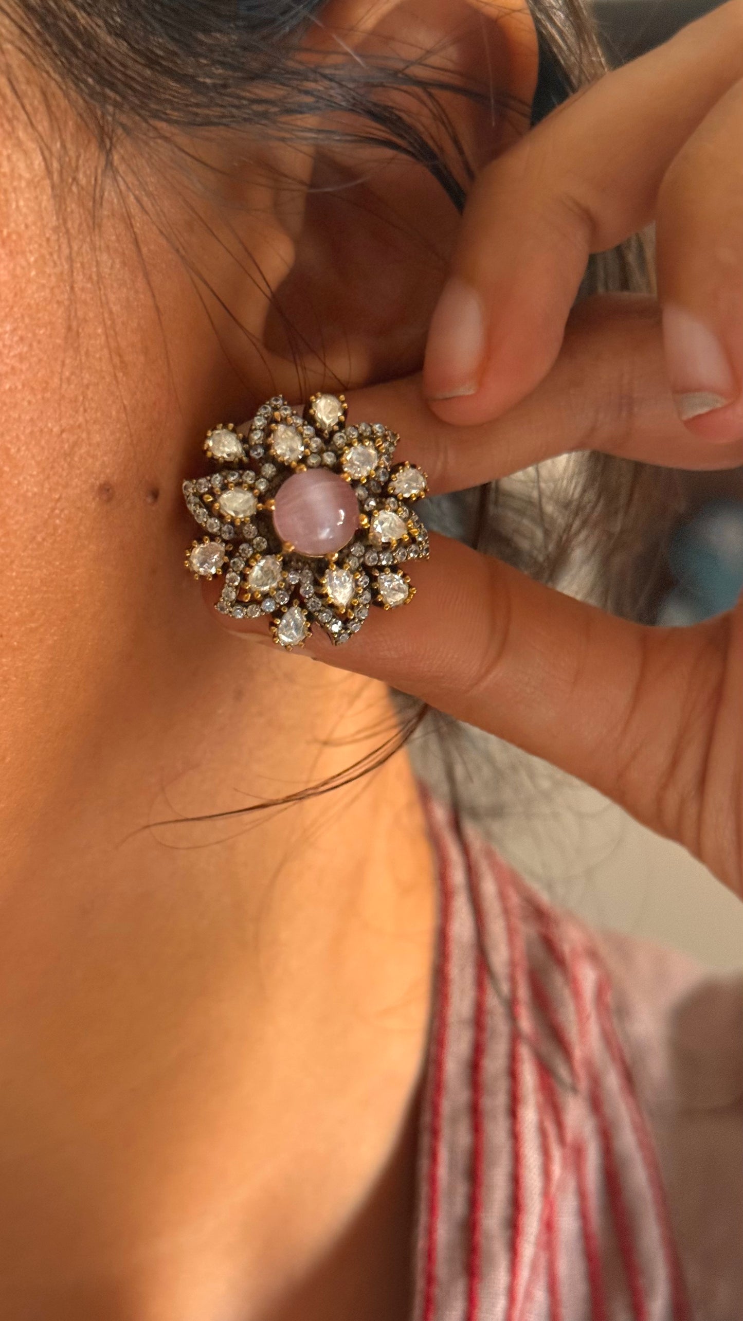 Rose quartz doublet moissanite victorian floral studs