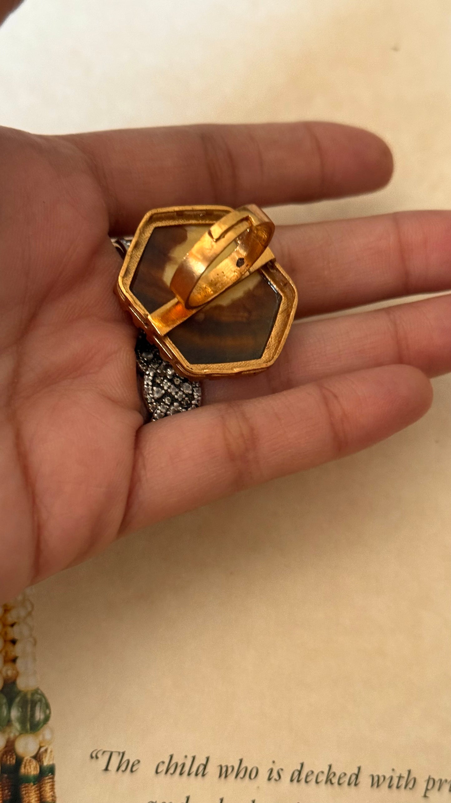 Amrapali inspired mother of pearl with peacock inlay adjustable ring