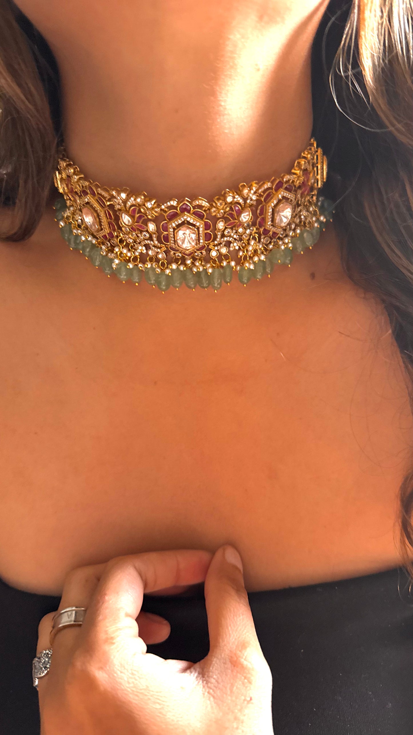 Ruby Takkar work polki necklace with mint detailing