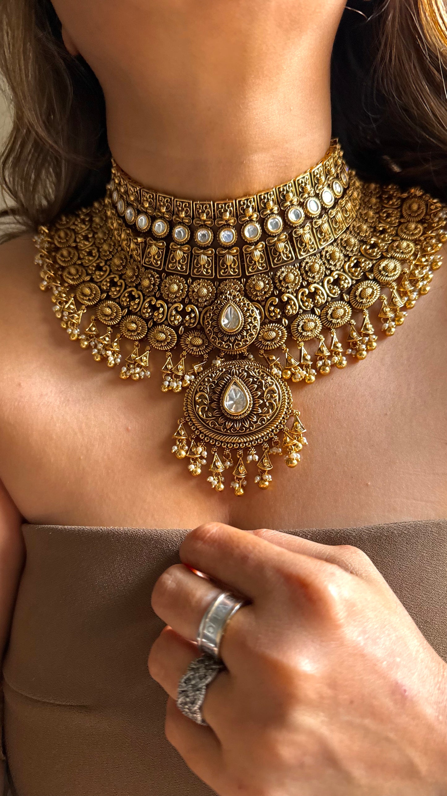 Oxidised heritage royal rajwada uncut polki necklace
