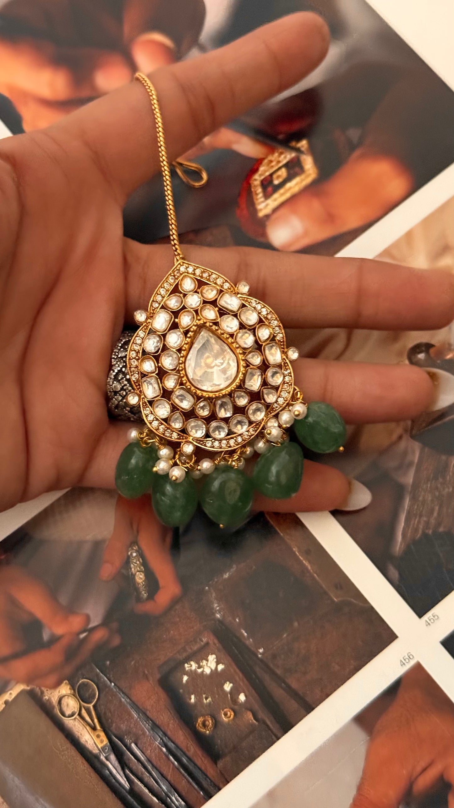 Moissanite polki with mint drop maangtika