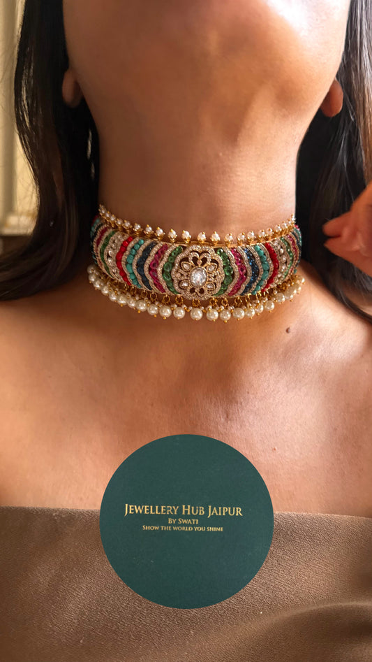 Multicoloured floral real mossanite choker