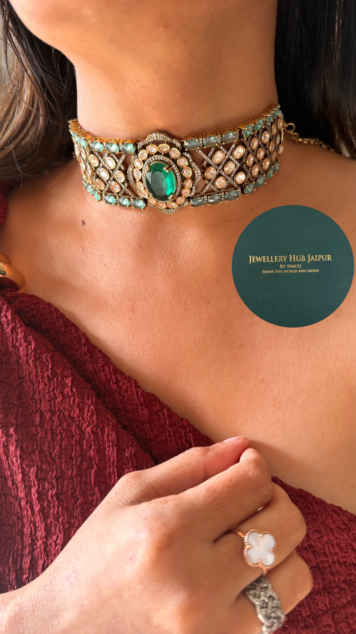 Peeli polki moissanite emerald designer necklace