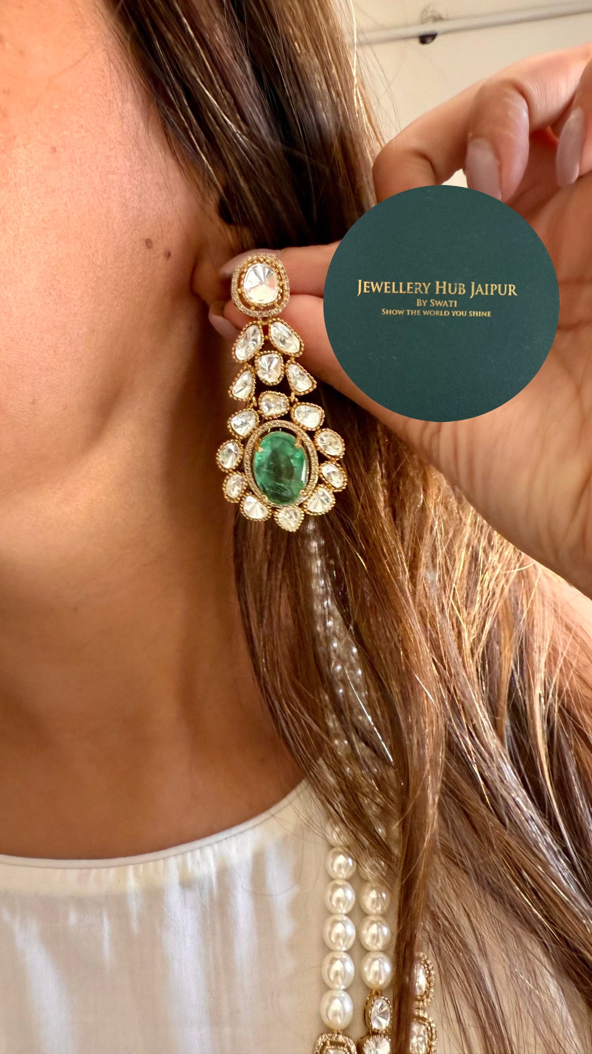 Mint three layered moissanite polki thread maharani haar