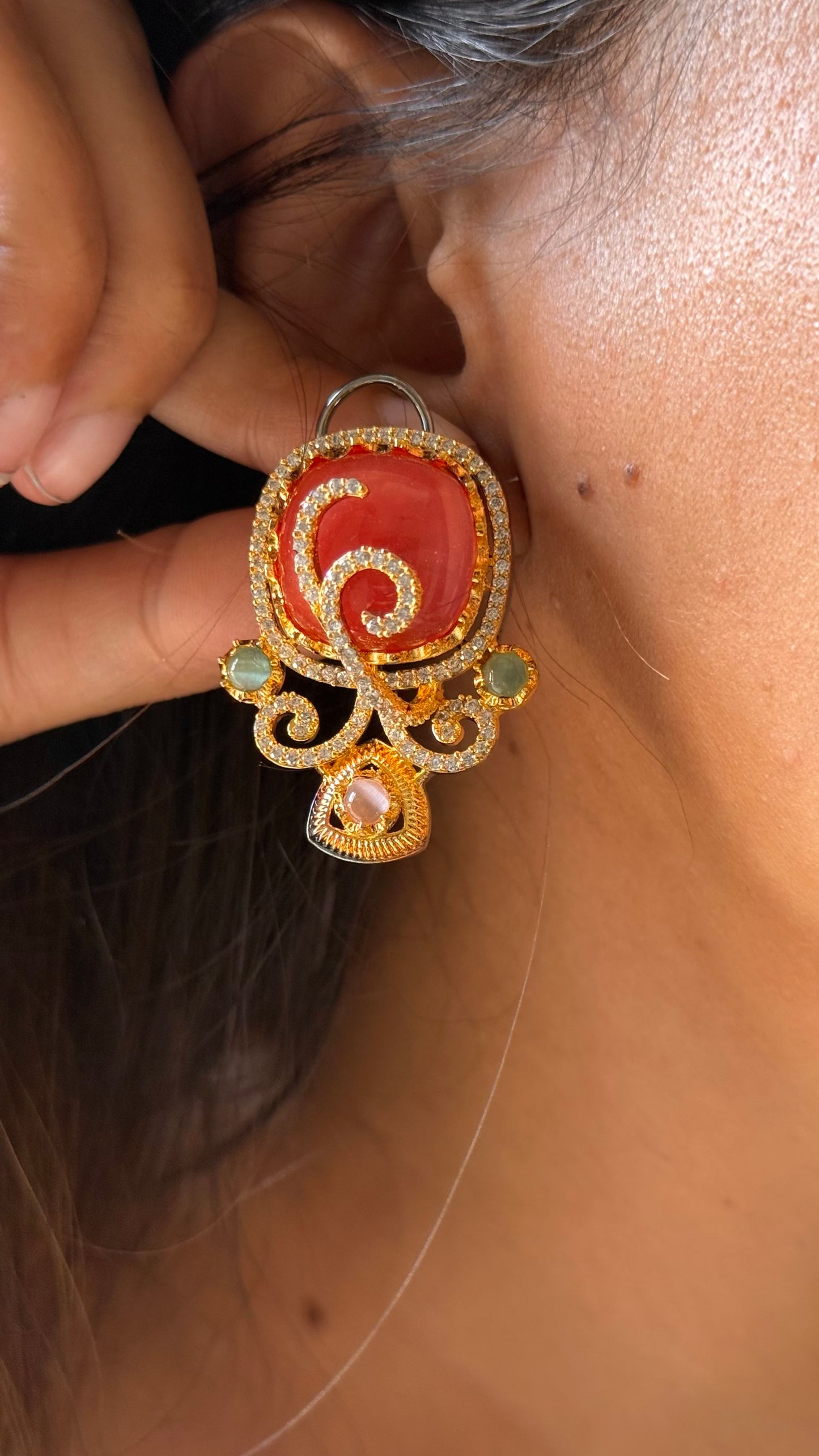 Saffron, mint & rose quartz doublet designer cocktail studs