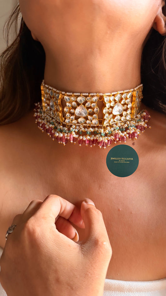 Paachi polki rajwada choker with rani pink strawberry beads